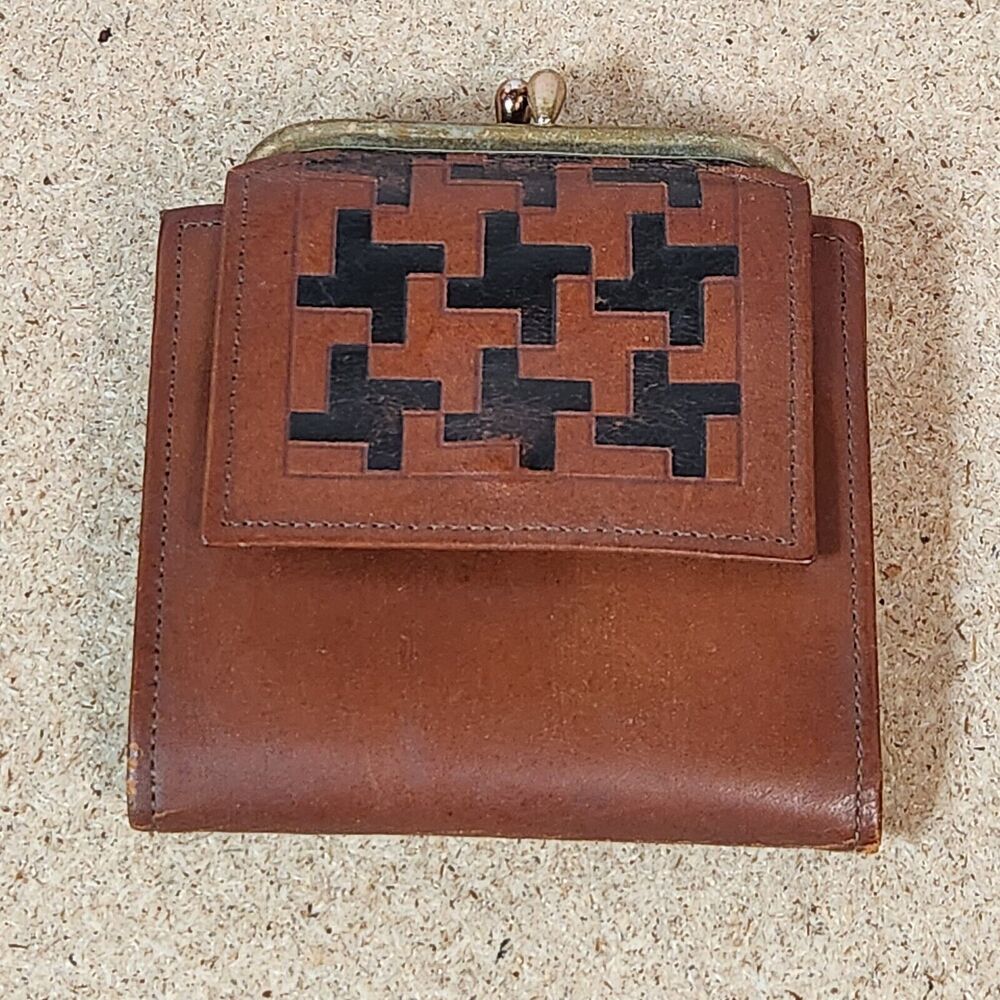 vintage Princess Gardner Kiss Lock Leather Brown 3.5‎ In Wallet Bi Fold Coin